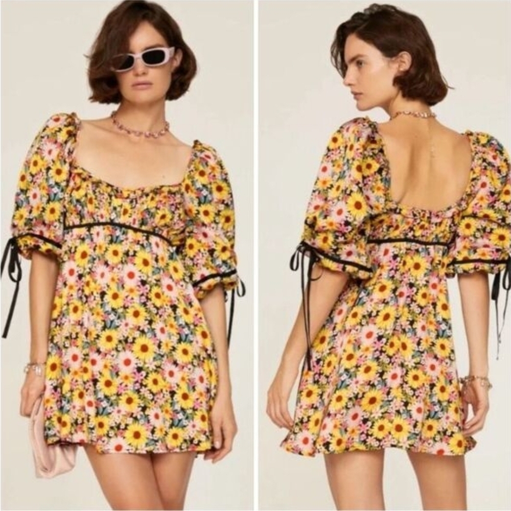 For Love And Lemons Yellow and Pink Sunflower Print Mini Dress